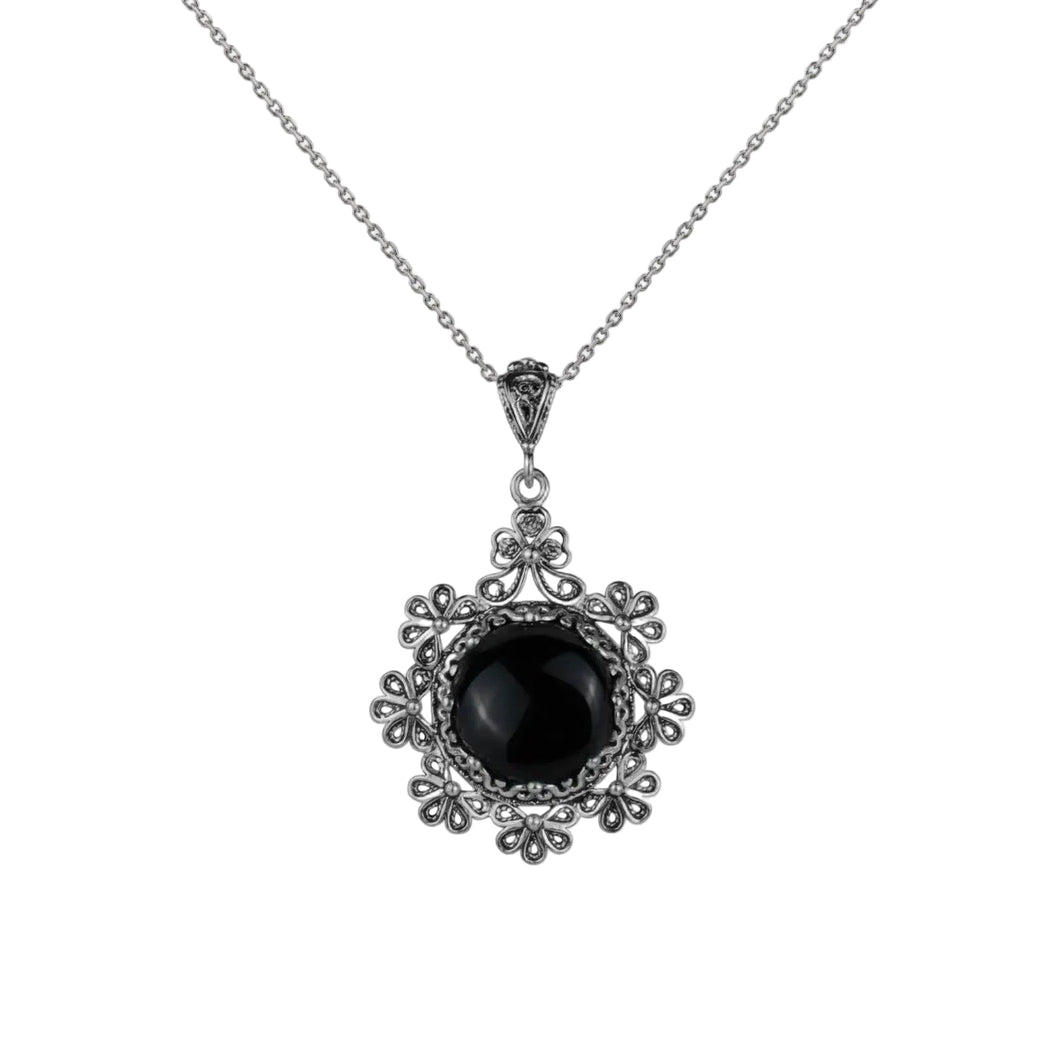 Black Onyx Pendant Necklace with 925 Sterling Silver Chain