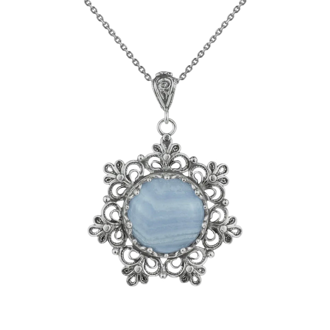 Blue Lace Agate Pendant Necklace with Silver Chain