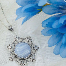 Blue Lace Agate Pendant Necklace with Silver Chain.