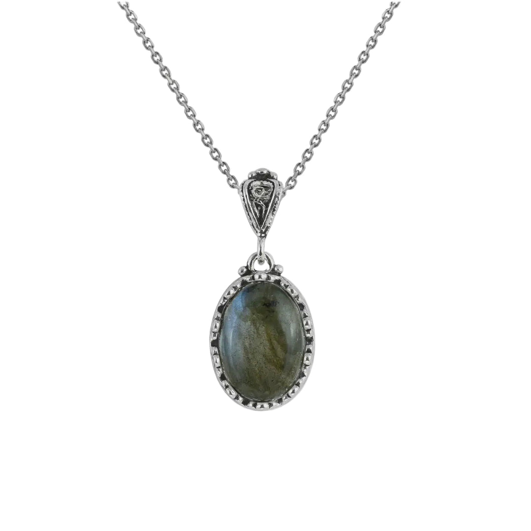Labradorite Gemstone Pendant Necklace with 925 Sterling Silver Filigree Chain